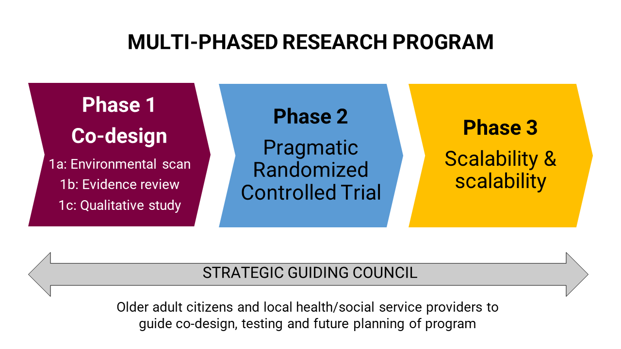 Mutli-Phased Research Program governed by Strategic Guiding Council: Phase 1 - Co-Design, Phase 2 - Pragmatic Randomized Controlled Trial, Phase 3 - Scalability & scalability.